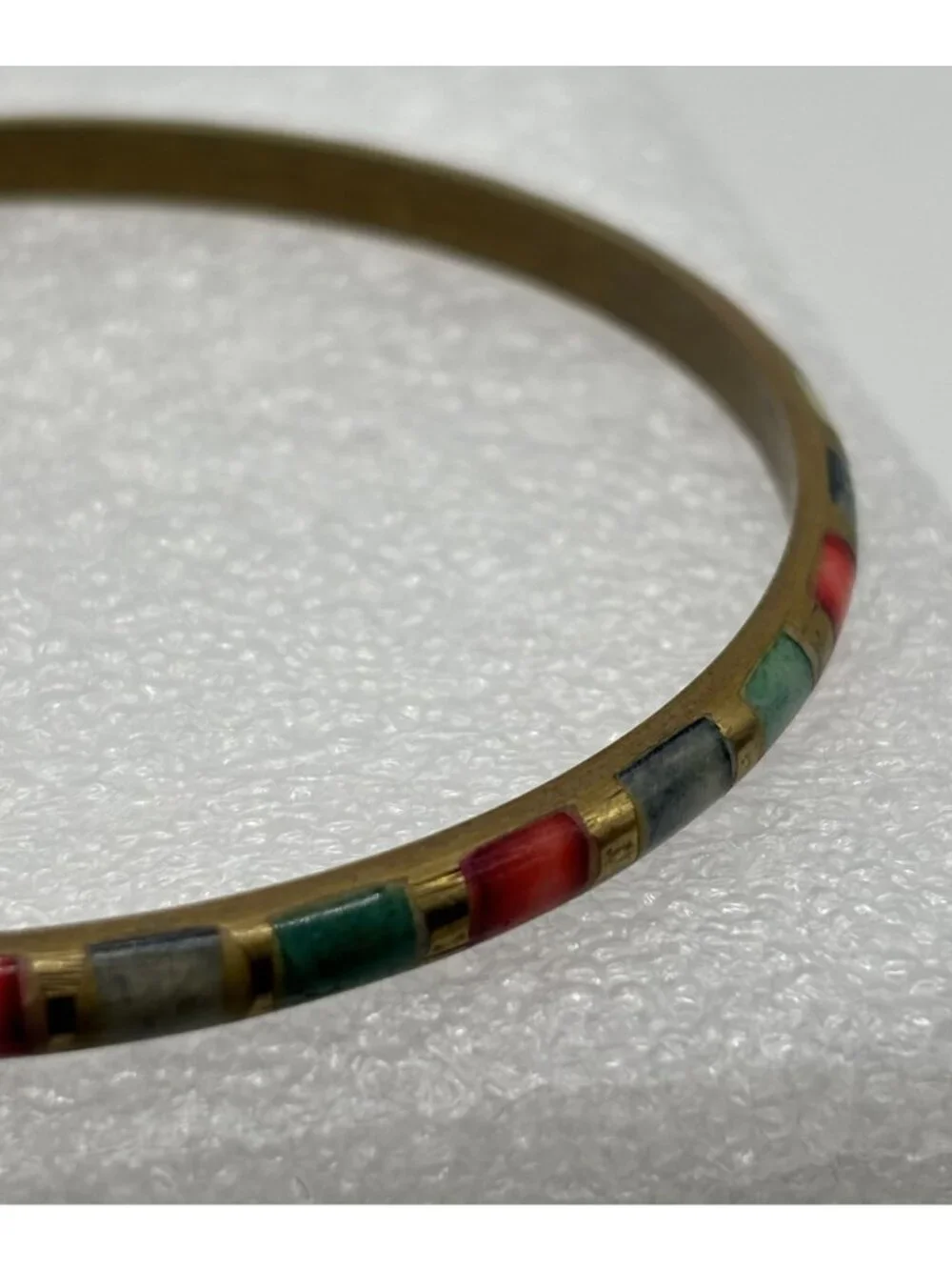 Lot of Three Vintage Bangle Bracelets 2 Brass Multicolor Inlay 1 Gold Tone Metal